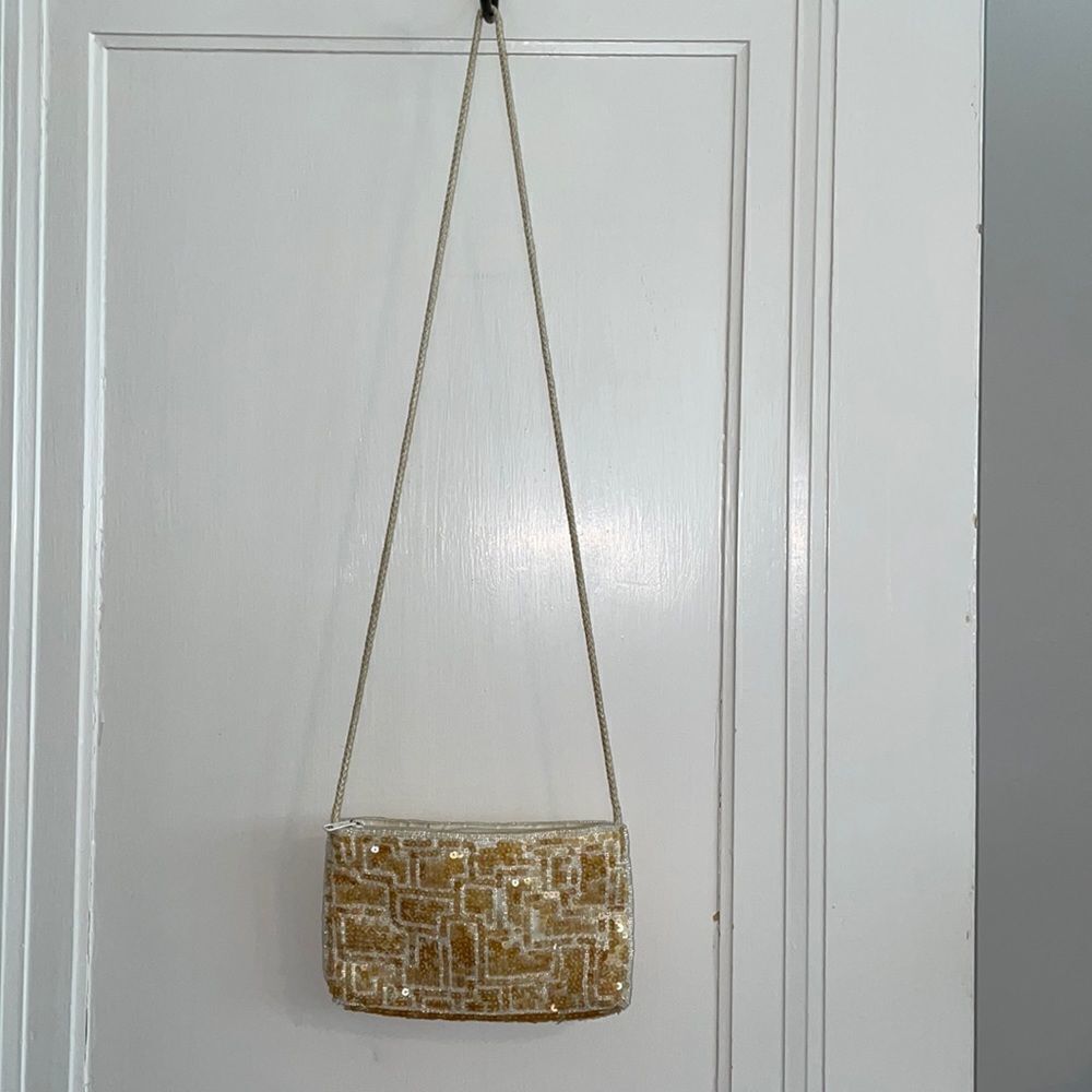 Gold sequined & beaded small cloth crossbody purse